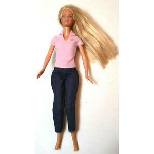 Vtg. Mattel 1999 Blonde Barbie Doll, Long Hair, Jeans/Pink Velour Top-Knees Bend